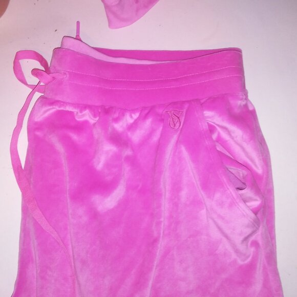Victoria Secret Jogger Set Crop Top Sweater & Pants Velour Pink Pockets Solid Zi - Picture 10 of 14